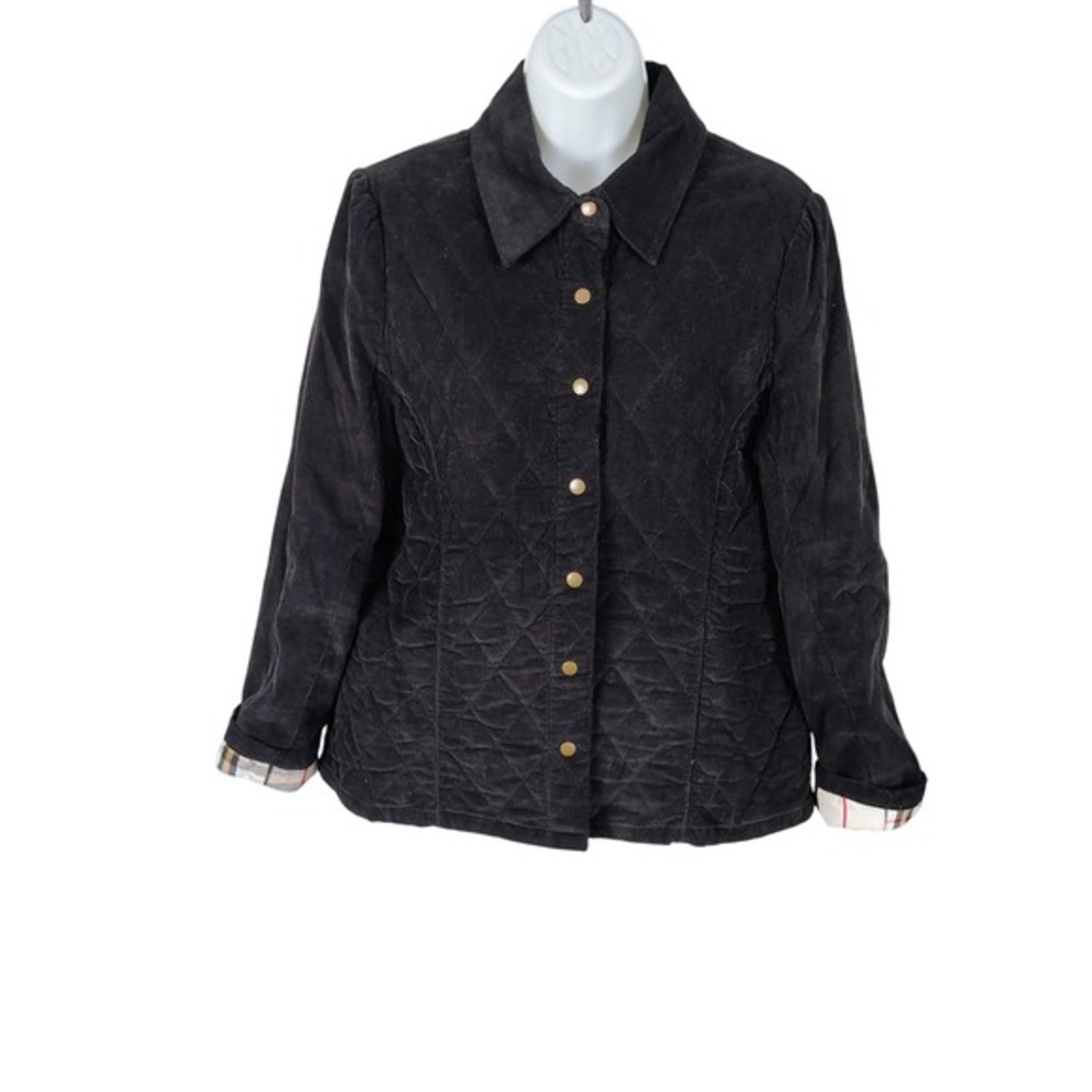 Kim Rogers Black Quilted Corduroy Jacket Plaid Lined Petite Large PL Snap Front - Picture 3 of 8